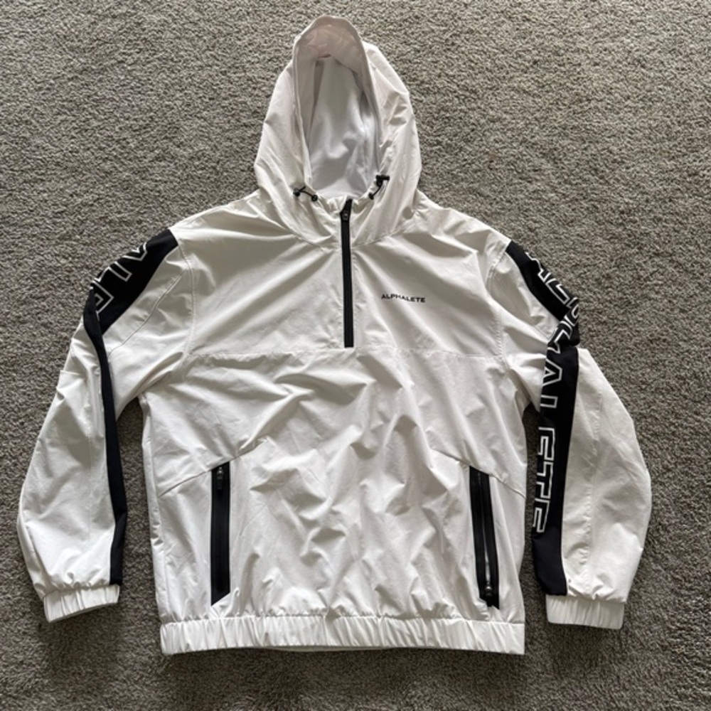 Alphalete Men's Half-Zip Windbreaker Jacket Sz XL White Black Hooded Activewear